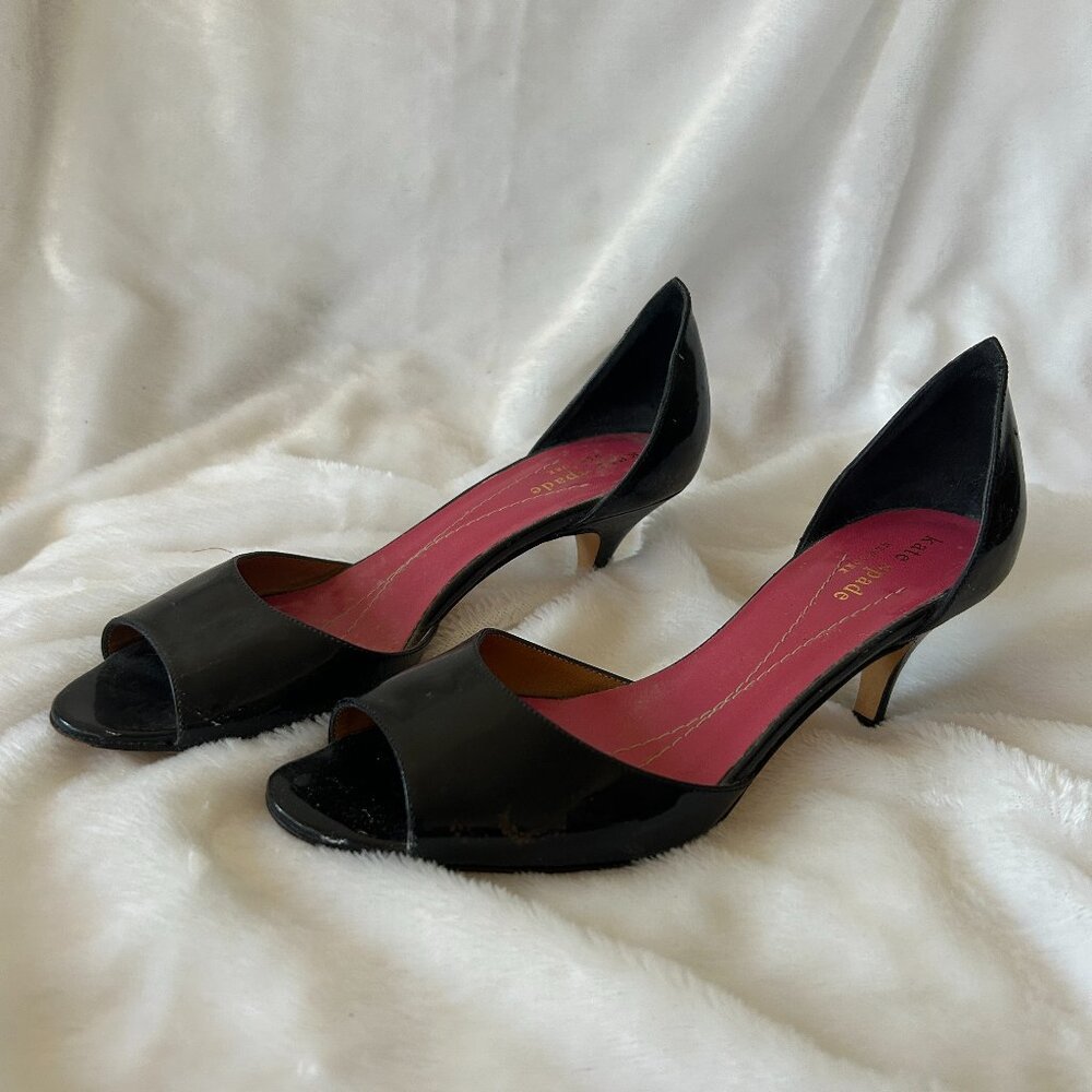 Kate Spade Black Patent Leather Heels Womens 6 Open Toe VTG Made in Italy